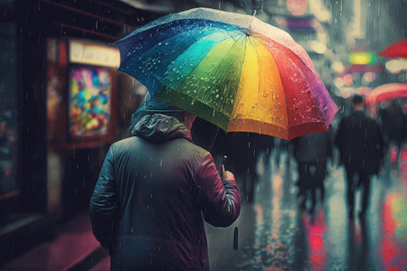 person, using rainbow umbrella during rainy day in street market, created with generative aiの素材
