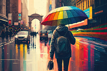 person, walking in the rainbows, with umbrella and backpack on the busy city street, created with generative aiの素材
