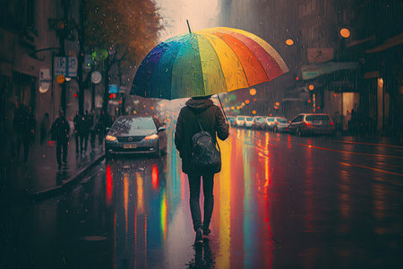 person, dashing through rainy streets, with rainbow umbrella and soggy surroundings, created with generative aiの素材