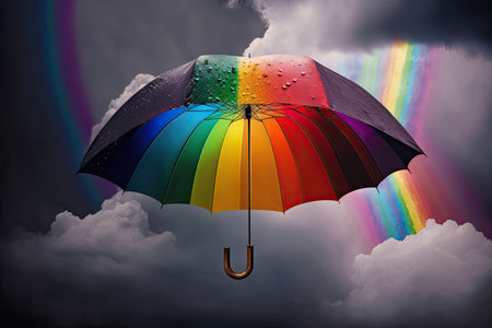 rainbow umbrella and stormy sky on a rainy day, with raindrops on the umbrella, created with generative aiの素材