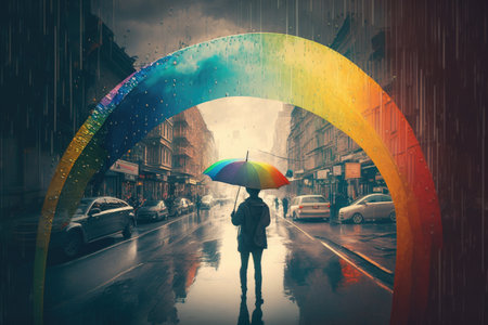 person, holding rainbow umbrella and walking in the rain, with view of busy street visible in the background, created with generative aiの素材