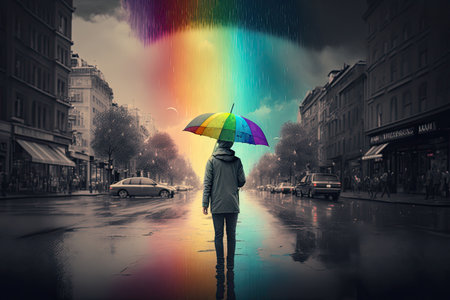 person, walking on rainy street, with rainbow umbrella and gloomy sky in the background, created with generative aiの素材