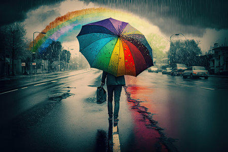 person, walking on rainy street, with rainbow umbrella and gloomy sky in the background, created with generative aiの素材