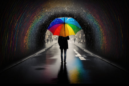 person, enjoying walk in the rain, with colorful rainbow umbrella overhead, created with generative aiの素材