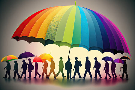 diverse group of people, each with their own umbrella, walking in the rainbows, created with generative aiの素材