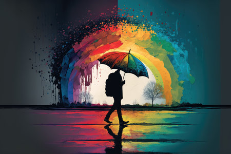 person, walking in the rain with rainbow umbrella and colorful sky in the background, created with generative aiの素材