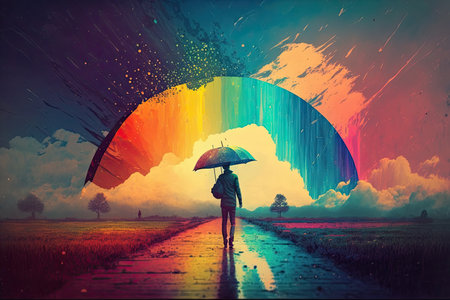 person, walking in the rain with rainbow umbrella and colorful sky in the background, created with generative aiの素材
