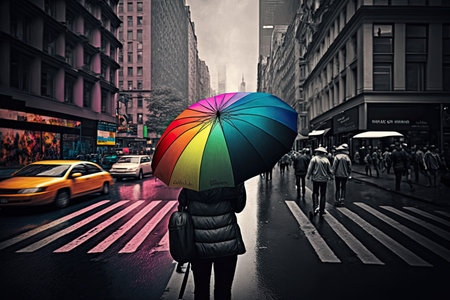 rainbow umbrella crossing busy street, with view of cityscape in the background, created with generative aiの素材