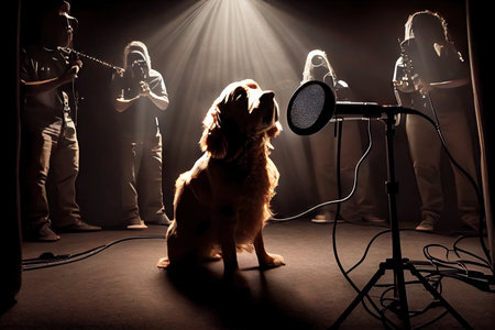 rock star dog band recording their debut album in a dimly lit studio, with the lead singer howling into a microphone., created with generative aiの素材