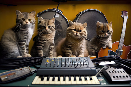 rock star cats practice their instruments in the studio, surrounded by mixing boards and other recording equipment., created with generative aiの素材