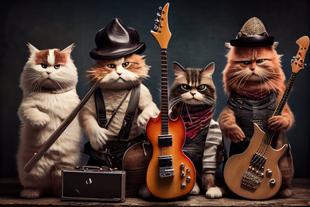 rock star cats posing with their instruments, ready to take the stage., created with generative aiの素材