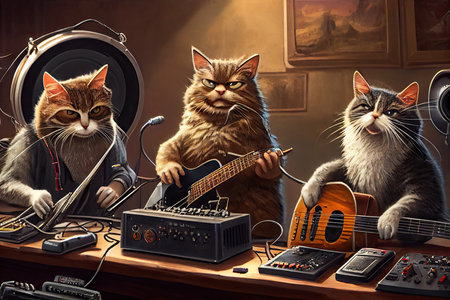rock star cats in a recording studio, laying down tracks for their next album., created with generative aiの素材