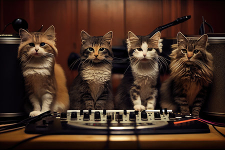 rock star cats in a recording studio, laying down tracks for their next album., created with generative aiの素材
