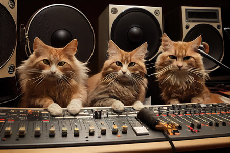 rock star cats in a recording studio, laying down tracks for their next album., created with generative aiの素材