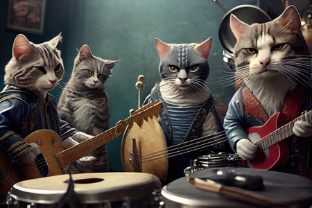 rock star cats preparing for their big show, with backstage shots of the band members getting ready and warming up their instruments., created with generative aiの素材