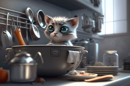 cute robotic kitten exploring kitchen, with dishes and cookware visible, created with generative aiの素材