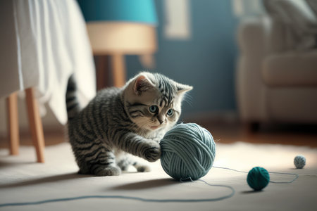 playful robotic kitten playing with ball of yarn in living room, created with generative aiの素材
