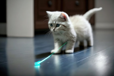 robotic kitten chasing laser pointer indoors, created with generative aiの素材