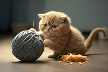 robotic kitten playing with ball of yarn indoors, created with generative aiの素材