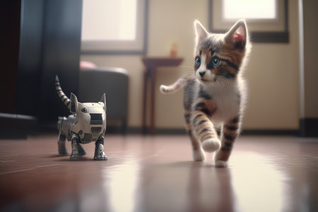 robotic kitten being chased by robotic dog indoors, created with generative aiの素材