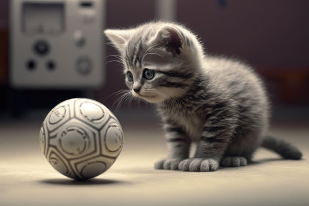 robotic kitten playing with toy ball, its movements precise and agile, created with generative aiの素材