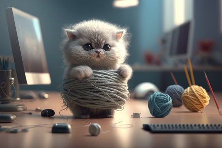 robotic kitten running and playing in living room, with view of outside, created with generative aiの素材