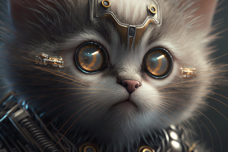 close-up of robotic kittens face, with its eyes blinking and whiskers twitching, created with generative aiの素材