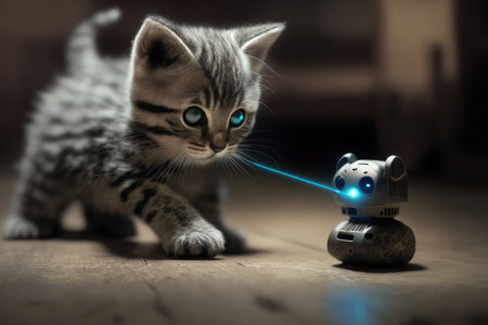 robotic kitten playing interactive game of laser tag indoors, created with generative aiの素材