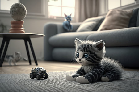 robotic kitten playing with interactive toy in modern living room, created with generative aiの素材