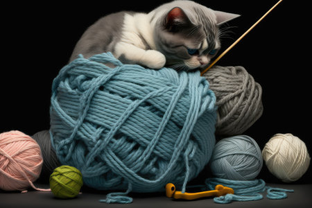 robotic kitten hunched over ball of yarn, knitting, created with generative aiの素材