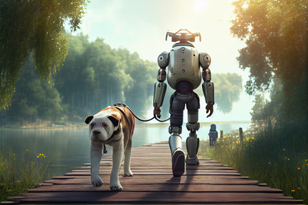 person, enjoying peaceful walk with robot dog, in park or on boardwalk, created with generative aiの素材