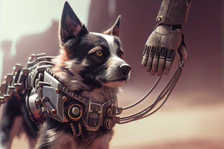 close-up of robots hand, holding leash and walking dog, created with generative aiの素材
