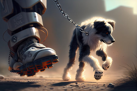 close-up of robots foot stepping in perfect rhythm with the dogs leash, created with generative aiの素材