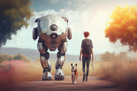person, enjoying peaceful walk with their robotic dog, on beautiful day, created with generative aiの素材