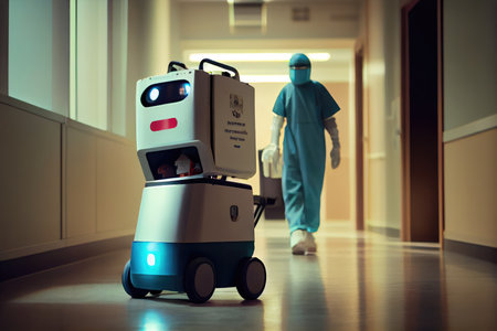 robotic courier delivering urgent medical supplies to hospital, created with generative aiの素材