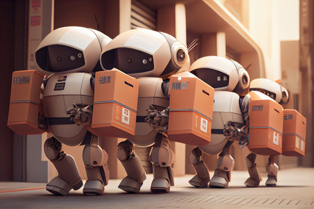 team of futuristic courier robots delivering packages and objects to various locations, created with generative aiの素材