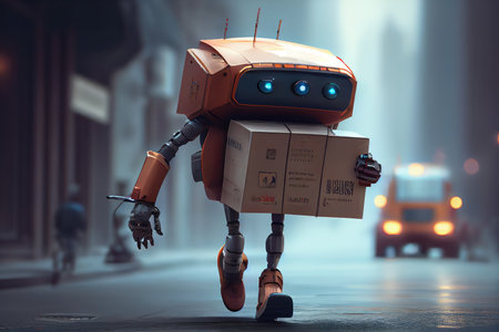 robot courier, delivering urgent package to save the day in high-tech futuristic world, created with generative aiの素材