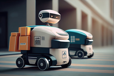 high-tech courier service, with futuristic delivery robots bringing packages and parcels to customers, created with generative aiの素材