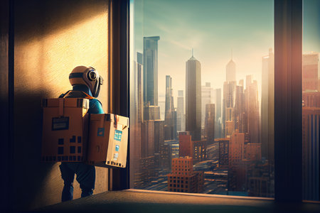 robot courier delivering package to office building, with view of busy cityscape visible through the window, created with generative aiの素材