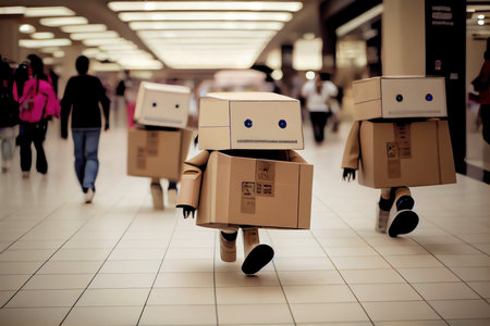 group of robotic androids delivering packages to clients in busy shopping mall, created with generative aiの素材