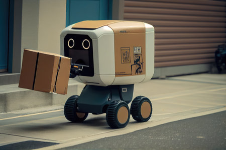 person, picking up urgent parcel from robot courier, which quickly speeds off, created with generative aiの素材