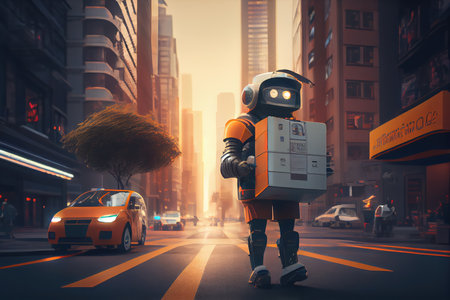 robot courier in futuristic city, delivering packages and information to residents, created with generative aiの素材