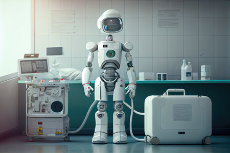 high-tech hospital, with robot delivering vital medical supplies, created with generative aiの素材