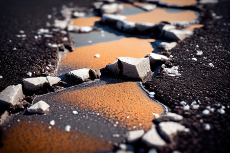 close-up of road surface repair with spackling and filling material visible, created with generative aiの素材