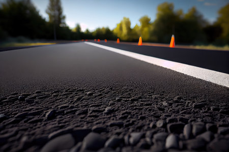 close-up of fresh asphalt surface, ready for traffic, created with generative aiの素材
