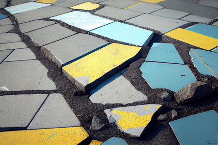 close-up of a patchwork of road surfaces in various stages of repair, created with generative aiの素材