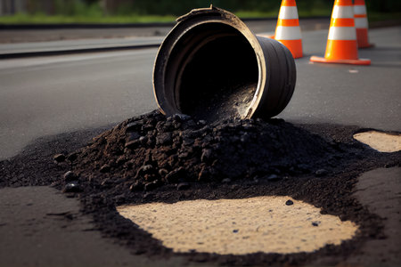 close-up of pothole repair with hot mix asphalt, created with generative aiの素材
