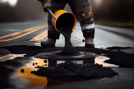 close-up of tar being applied to seal a pothole on the road, created with generative aiの素材