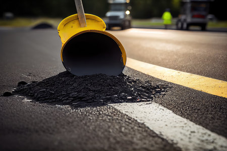 close-up of road surface being patched with hot asphalt, created with generative aiの素材