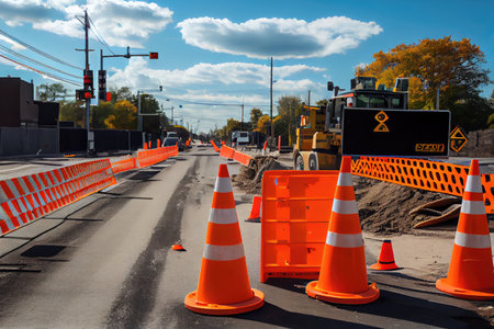 live view of road being repaired with fresh asphalt, traffic cones and barriers in place, created with generative aiの素材